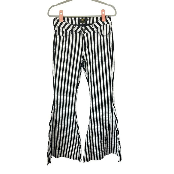 Lucky & Blessed Beetlejuice Black and White Striped Flare Leg Jeans - Picture 1 of 12